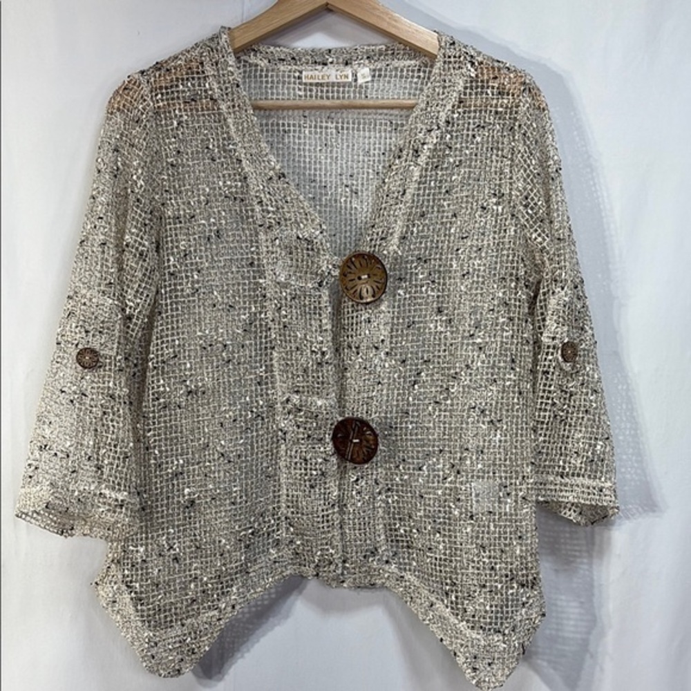 🐄 Hailey Lyn open weave, mesh Cream and black Cardigan Sweater